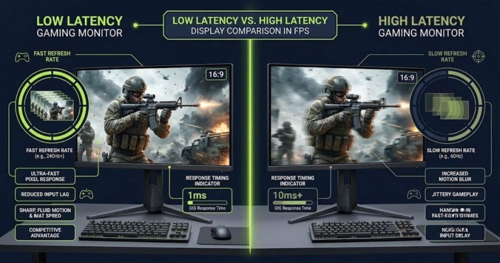 Two gaming monitors comparing low latency and high latency display performance