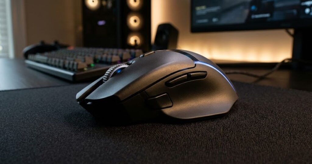 An ergonomic gaming mouse viewed from an angled perspective showing a contoured shell and thumb support area