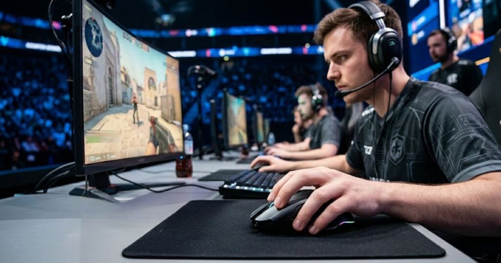 A competitive FPS player using claw grip on a gaming mouse during a tactical shooter match