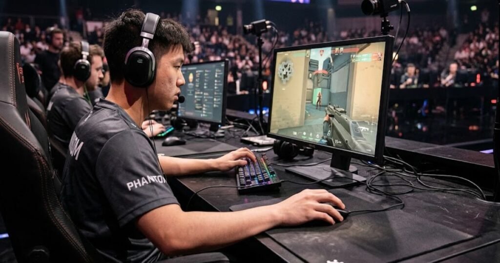 FPS player concentrating while using a heavy gaming mouse and aiming carefully during gameplay