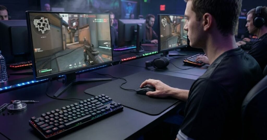 An FPS gamer using a lightweight gaming mouse on a large gaming mouse pad during gameplay