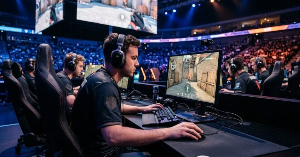 Competitive FPS player using a gaming mouse with controlled aiming movements