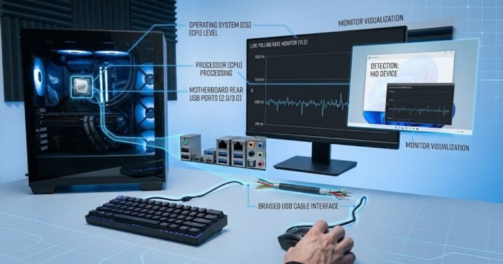 A gaming mouse connected to a desktop computer with visual highlights showing hardware and software components that influence polling rate.