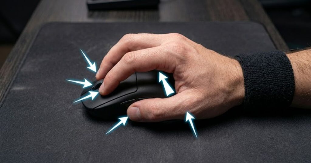 Top-down view of a hand using fingertip grip on a gaming mouse with contact points highlighted.