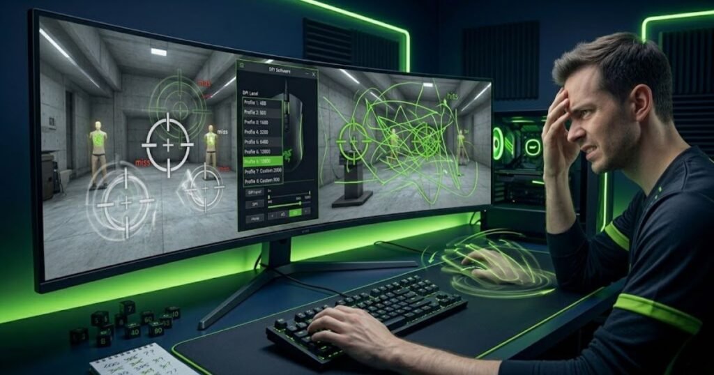 A gamer repeatedly changing DPI settings while practicing aim in an FPS training range.
