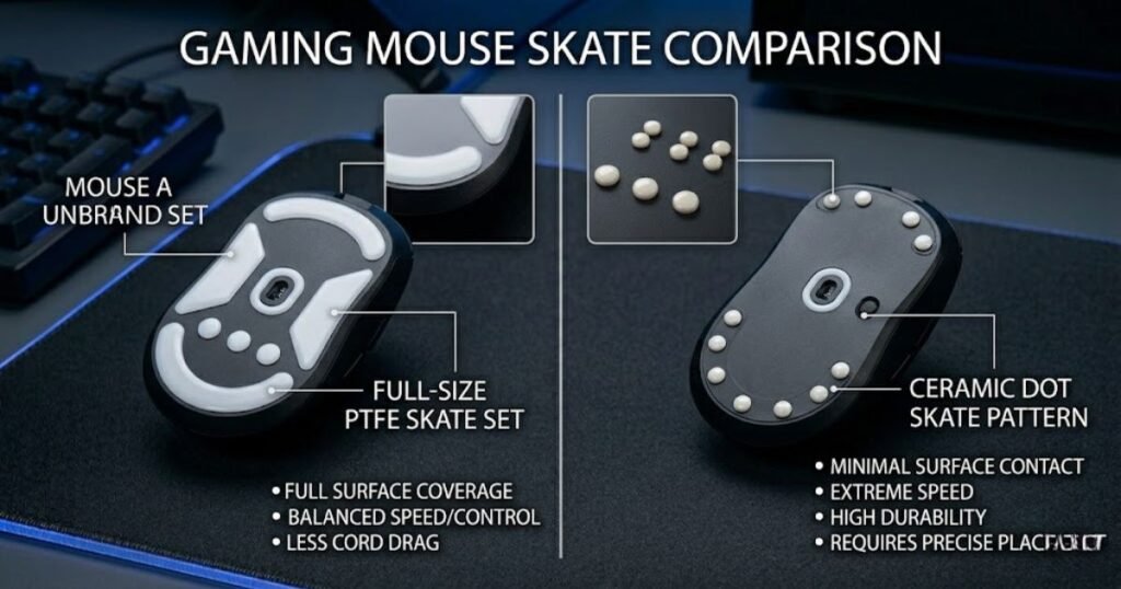 Comparison between full-size gaming mouse skates and dot skates installed on two gaming mice.