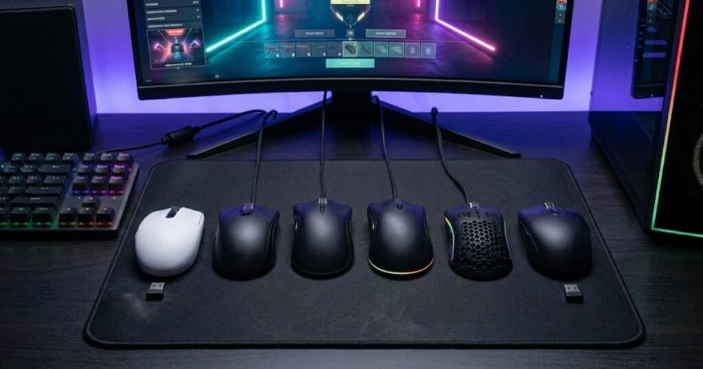 Several gaming mice arranged side by side showing different shapes and connection types for FPS gaming
