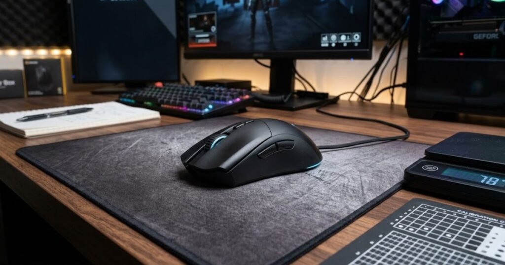 Gaming mouse placed on a desk with focus on buttons shape sensor position and overall build quality