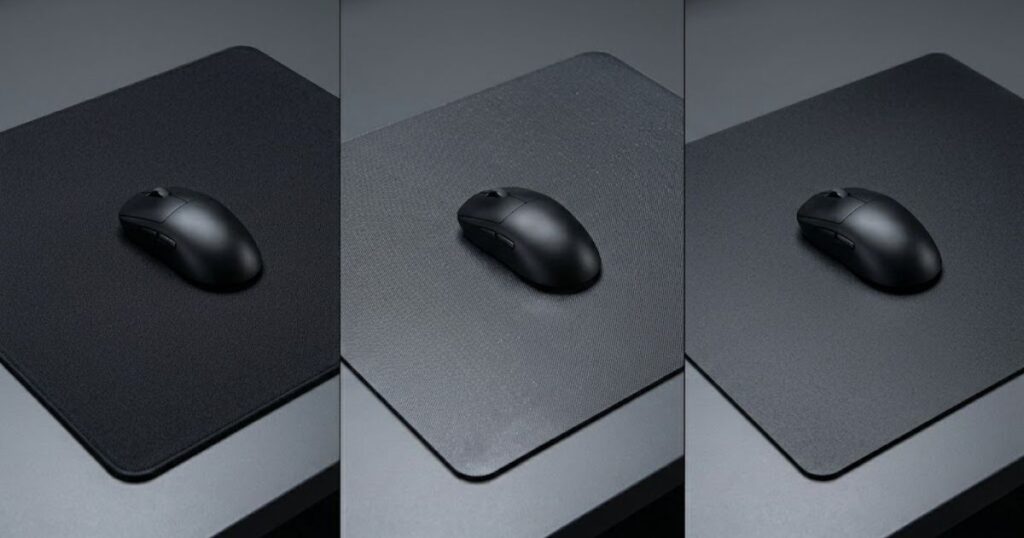 Premium cloth, hybrid, and hard gaming mouse pads displayed side by side with a gaming mouse