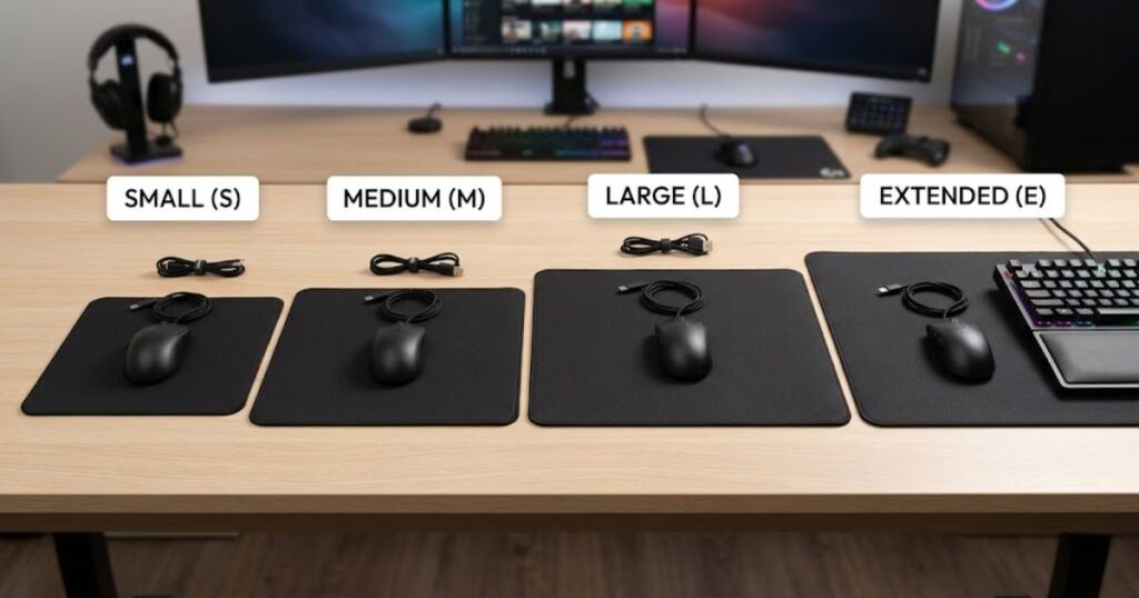 Small, medium, large, and extended gaming mouse pads displayed side by side on a desk