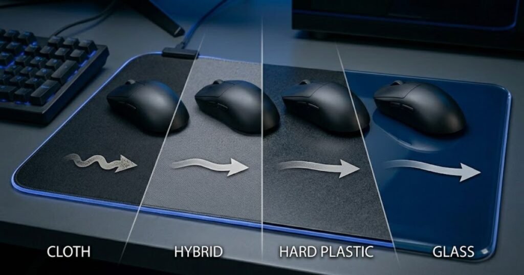 Gaming mouse moving across cloth, hybrid, hard plastic, and glass mouse pad surfaces.