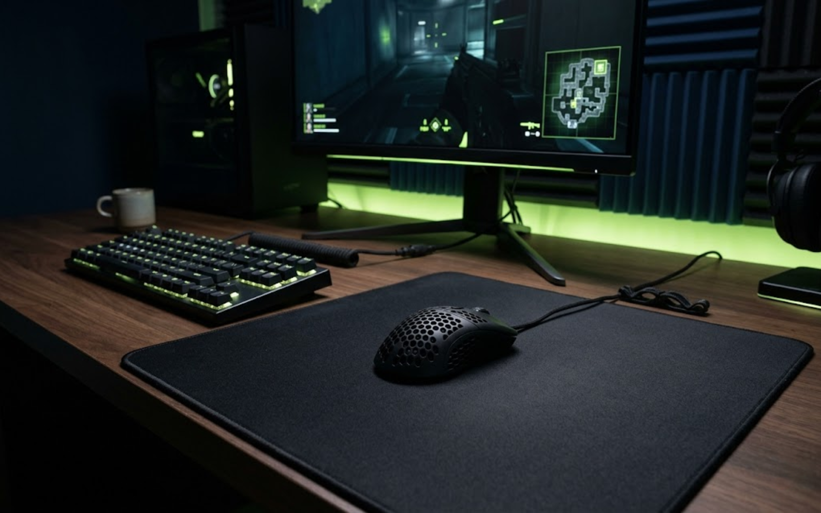 A lightweight gaming mouse resting on a large black gaming mouse pad beside a keyboard on a clean esports-style gaming desk.