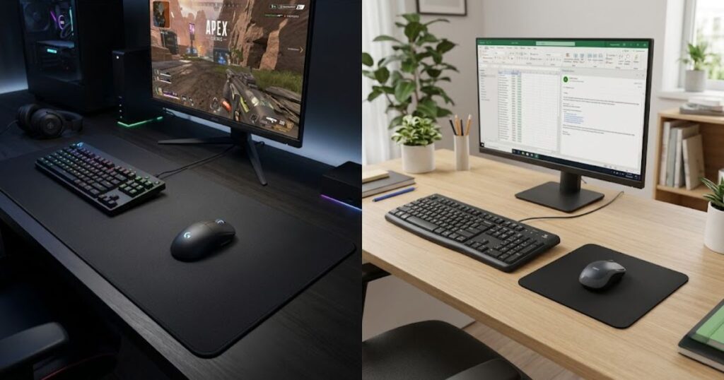Gaming mouse pad beside a standard office mouse pad showing differences in size and gaming use