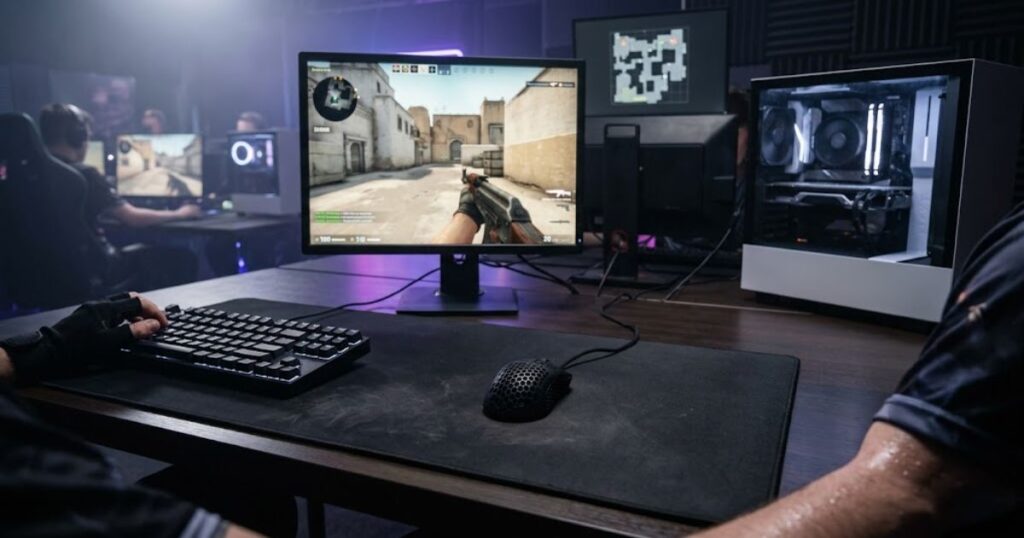 Professional esports gaming desk setup featuring a large gaming mouse pad and competitive gaming equipment.