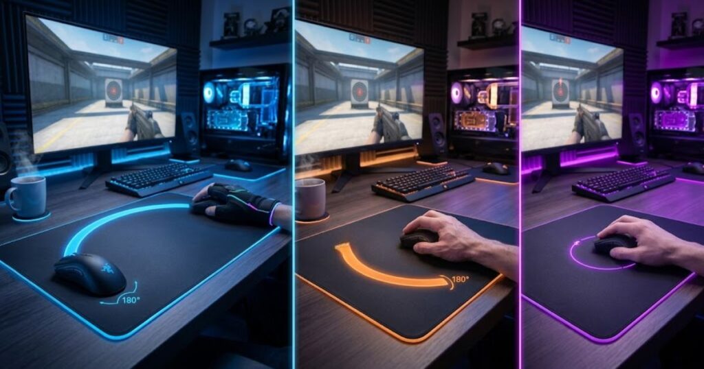 Comparison of mouse movement distances for low, medium, and high sensitivity FPS players on a gaming mouse pad.