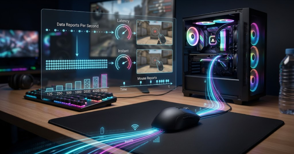 Gaming mouse sending multiple data reports per second to a computer through a visual communication diagram