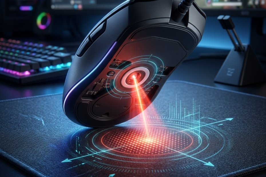 Close-up view of a gaming mouse sensor underneath a gaming mouse placed on a mousepad with a tracking light illuminating the surface.