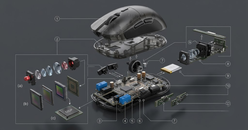 Exploded view of a gaming mouse displaying the lens, CMOS sensor, processor, and internal tracking components.