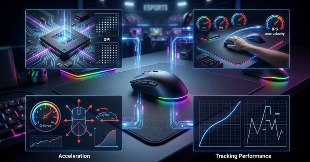 Gaming mouse sensor interface displaying DPI, IPS, acceleration, and tracking performance indicators beside a gaming mouse.