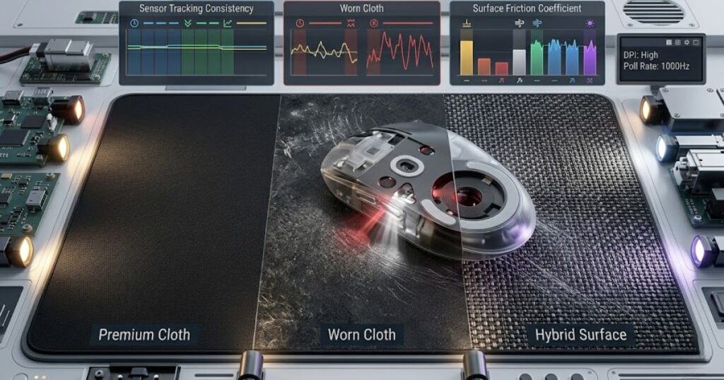 A gaming mouse sensor tracking movement across multiple mouse pad surface textures including smooth cloth, worn cloth, and hybrid materials.