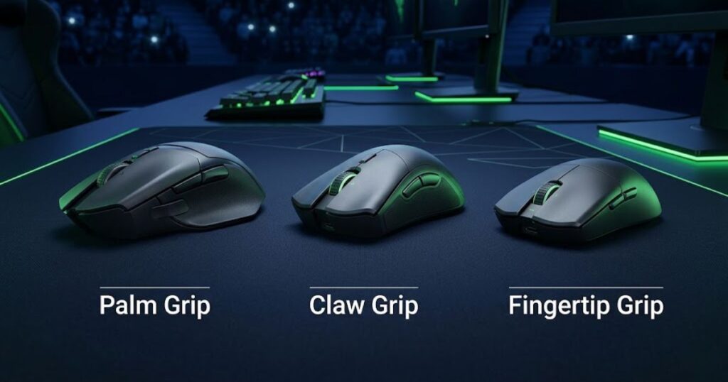 Three gaming mouse shapes designed for Palm Grip, Claw Grip, and Fingertip Grip users displayed side by side.