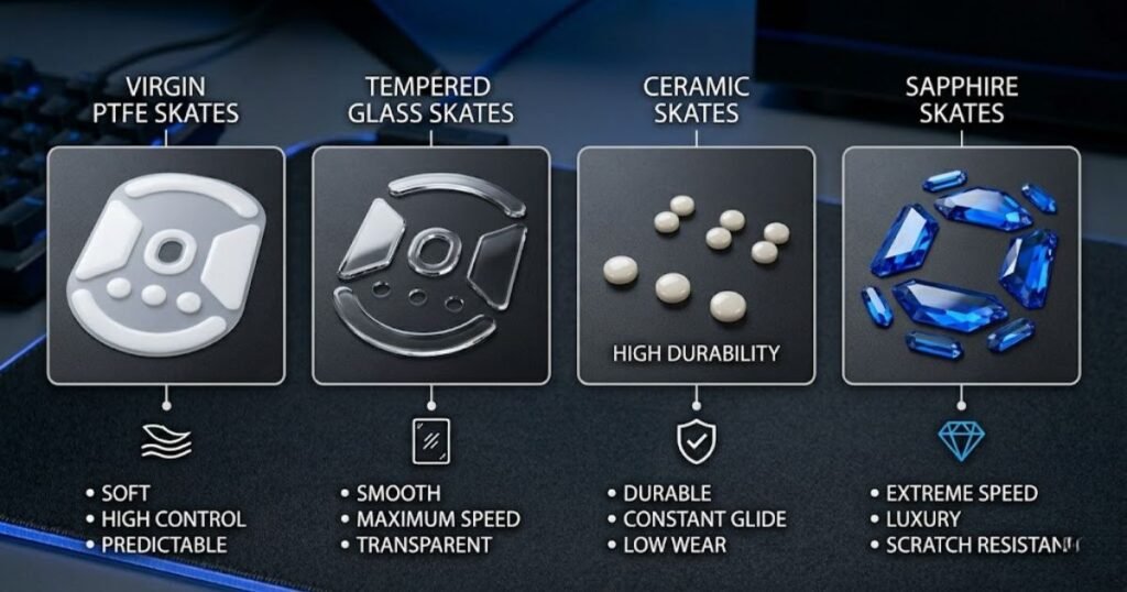 Comparison of virgin PTFE, glass, ceramic, and sapphire gaming mouse skates displayed side by side.