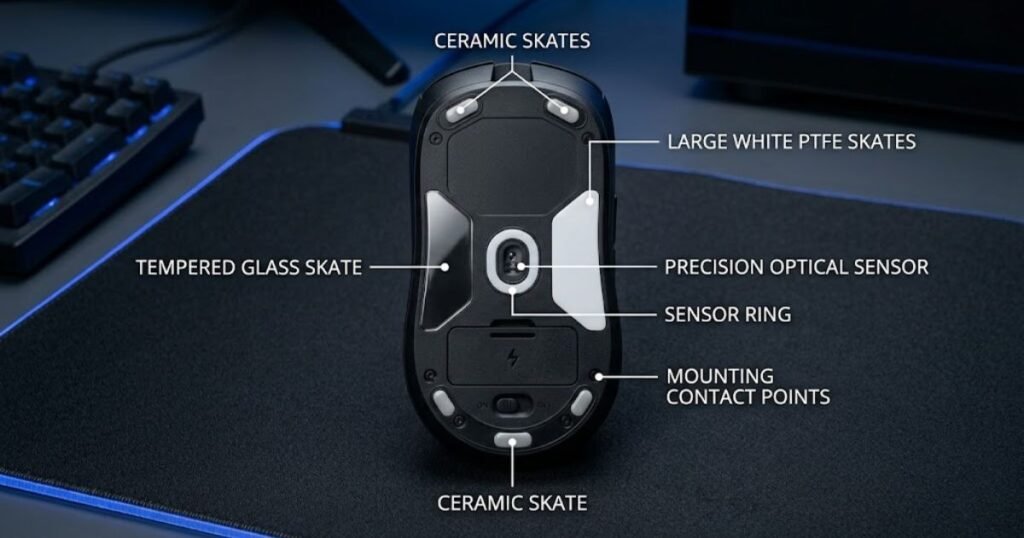 Bottom of a gaming mouse showing the location of mouse skates surrounding the optical sensor.