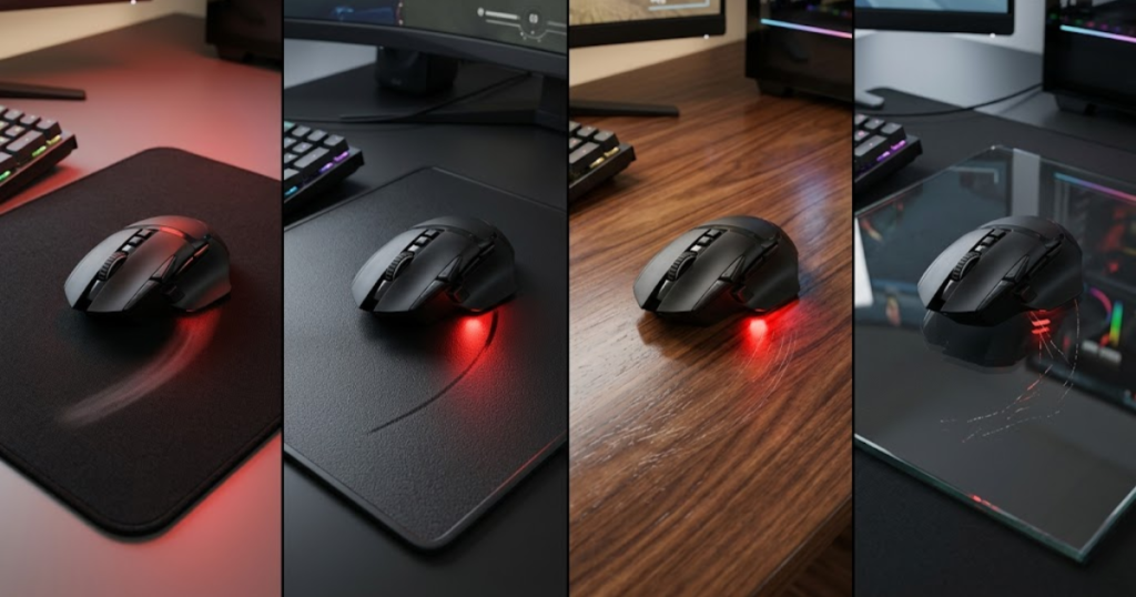 Gaming mouse being used on cloth, hard pad, wooden desk, and glass surfaces for tracking comparison.