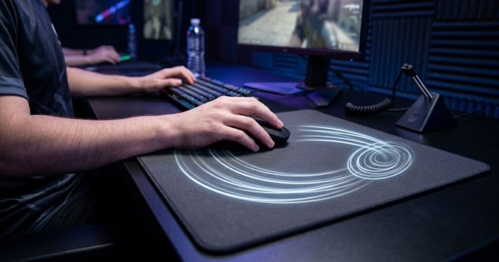 Gaming mouse moving across a mouse pad with visible movement path illustrating smooth glide and precise stopping control.