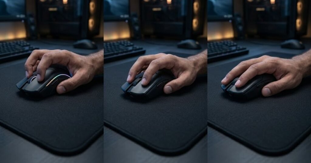 Three FPS gaming mouse grip styles including claw grip, fingertip grip, and palm grip demonstrated on gaming mice