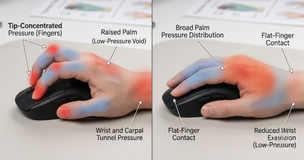 Pressure distribution across the hand while using claw grip and palm grip on gaming mice.