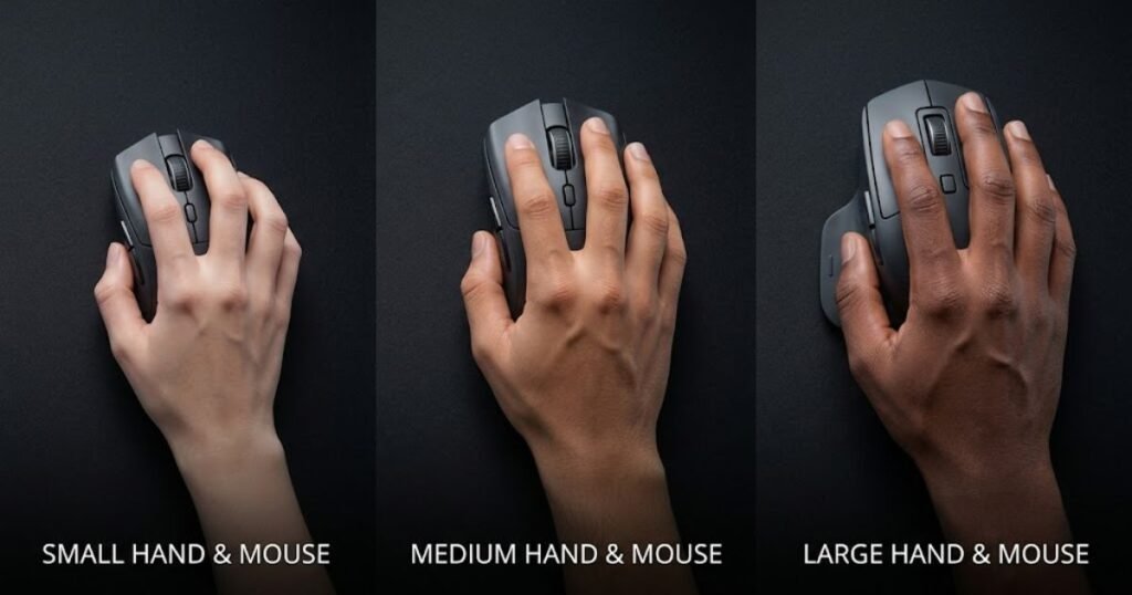 Three different hand sizes holding gaming mice with different shapes.