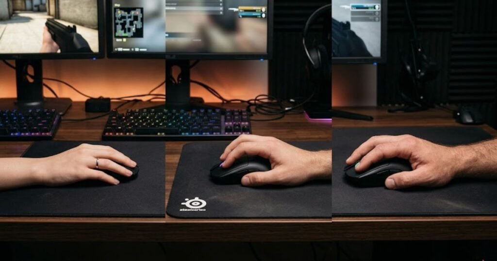 Small, medium, and large hands compared with gaming mice of different widths.