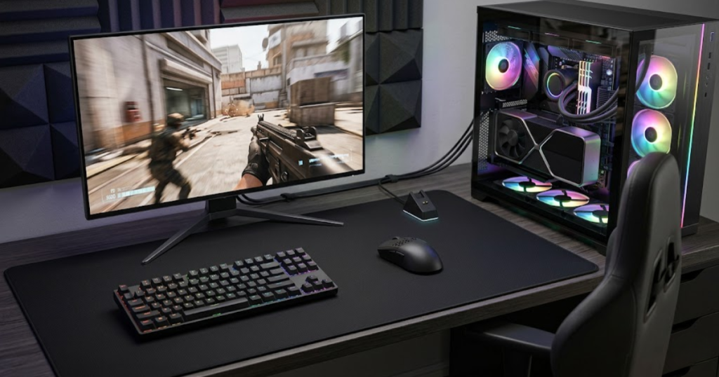 Gaming desk setup with a wireless gaming mouse, receiver, gaming monitor, and gaming computer.