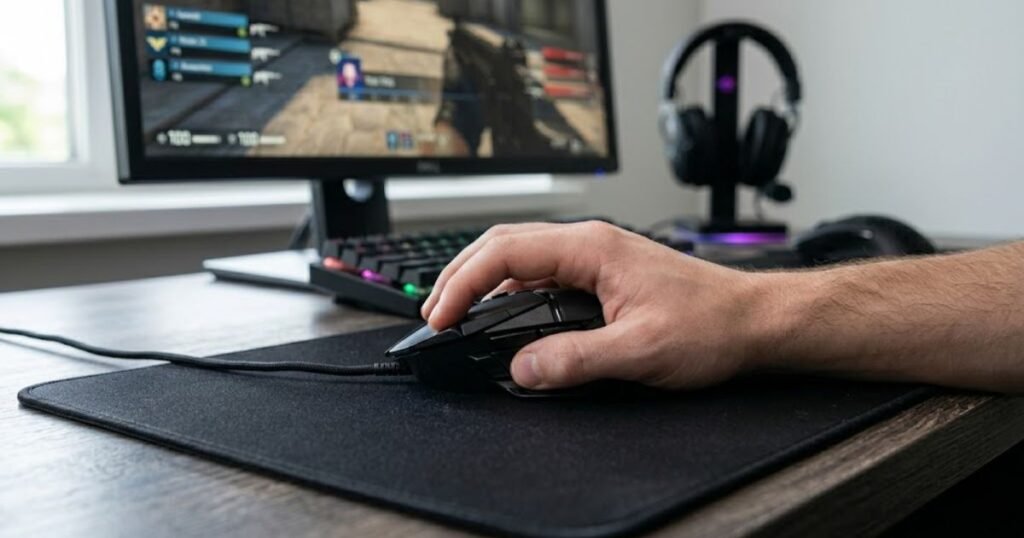 A player holding a heavy gaming mouse with a relaxed grip at a gaming desk