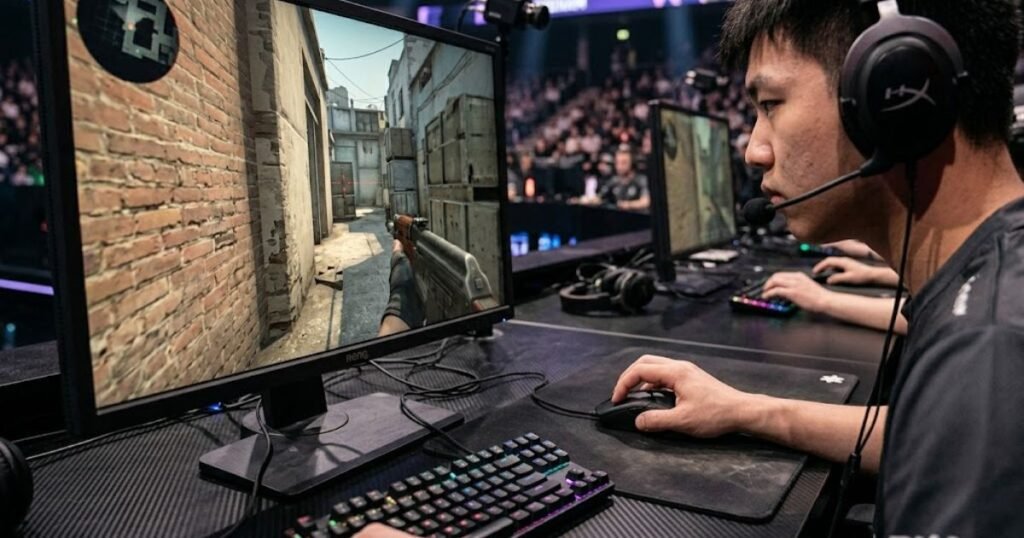 Player holding a precise angle in a tactical FPS game while using a heavy gaming mouse
