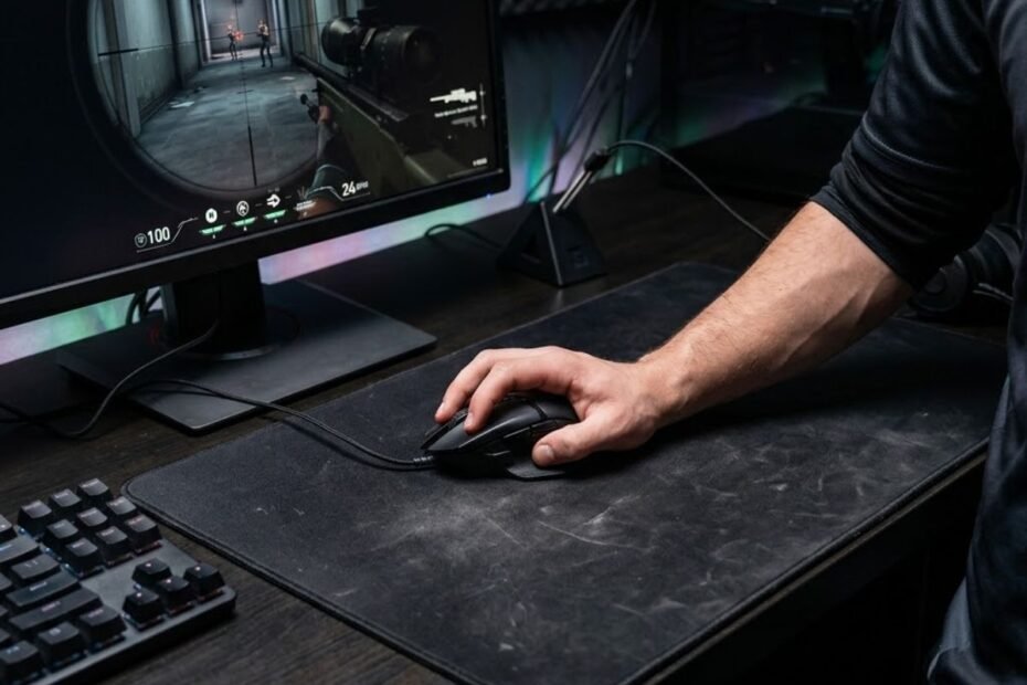 A gamer using a heavier gaming mouse on a large mouse pad while aiming at targets in an FPS game