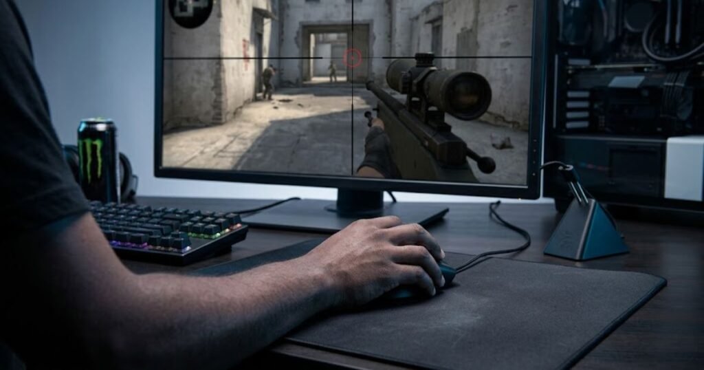 FPS player holding a heavy gaming mouse while keeping the crosshair steady on a target