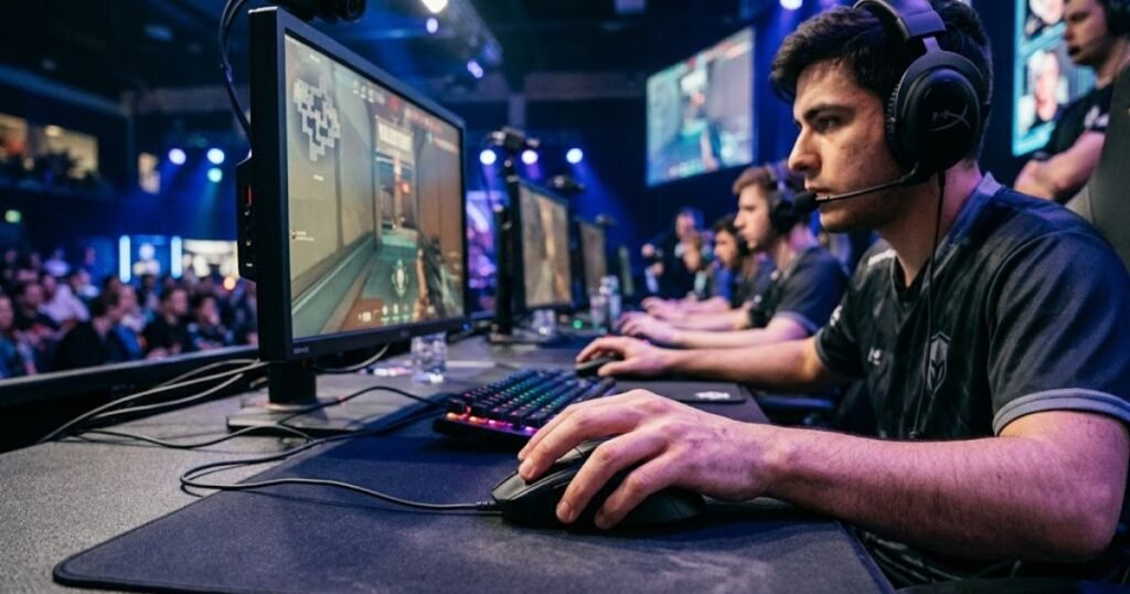 An FPS player gripping a high hump gaming mouse with strong palm contact and supported hand posture