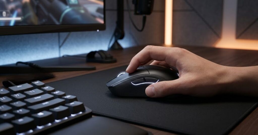 A gaming mouse with a high rear hump shape designed to support aggressive claw grip positioning