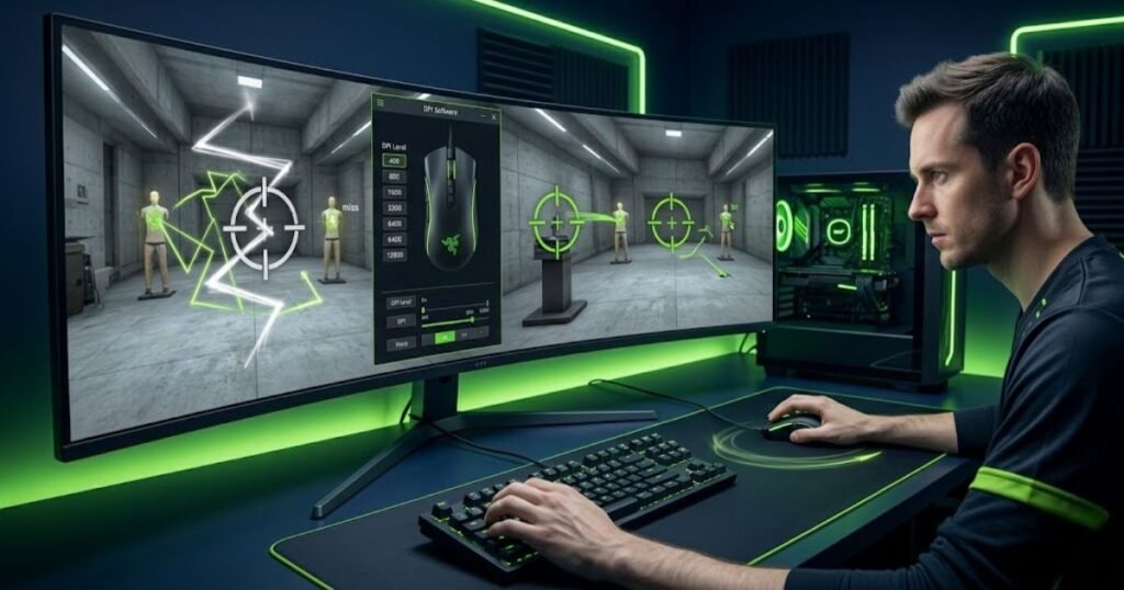 An FPS player comparing different DPI settings on gaming mouse software while aiming at targets in a shooting game.