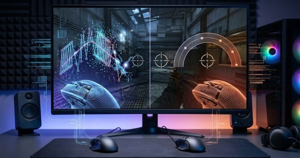 A visual comparison showing a gaming mouse operating at extremely high DPI and a gaming mouse using a practical DPI setting for FPS gameplay.