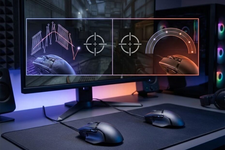 A gaming mouse on a large mouse pad with a visual comparison between extremely high DPI settings and practical DPI settings used for FPS gaming.