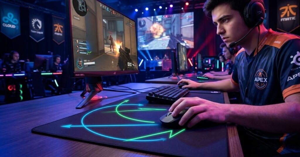 FPS player moving a gaming mouse across a large gaming mouse pad while aiming in a first person shooter game
