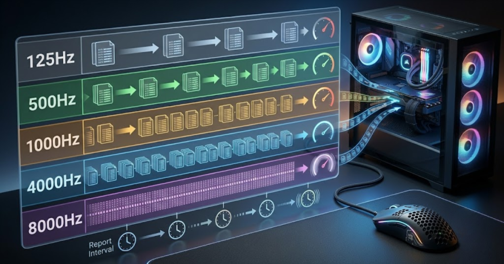 A gaming mouse sending multiple data packets to a computer at different polling rates including 125Hz, 500Hz, 1000Hz, 4000Hz, and 8000Hz