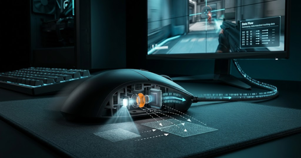 Gaming mouse sensor capturing surface images from a mousepad while movement data is processed into cursor motion on a monitor.