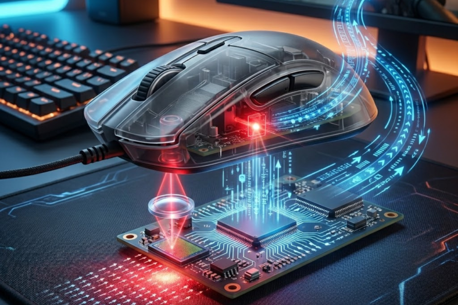 Transparent gaming mouse showing an optical sensor, CMOS sensor, and tracking process analyzing a mouse pad surface.