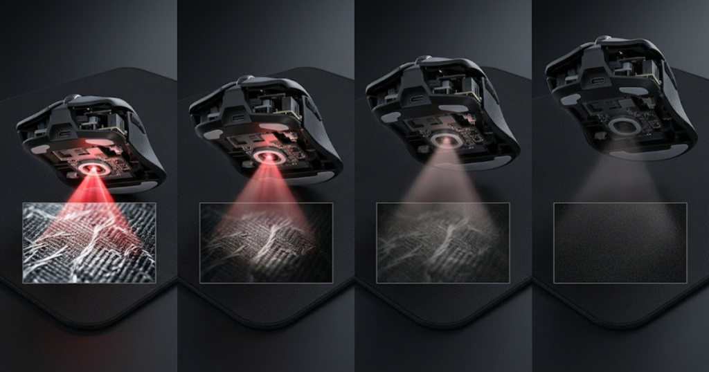 A gaming mouse sensor reading a mouse pad and gradually losing tracking as the mouse moves upward