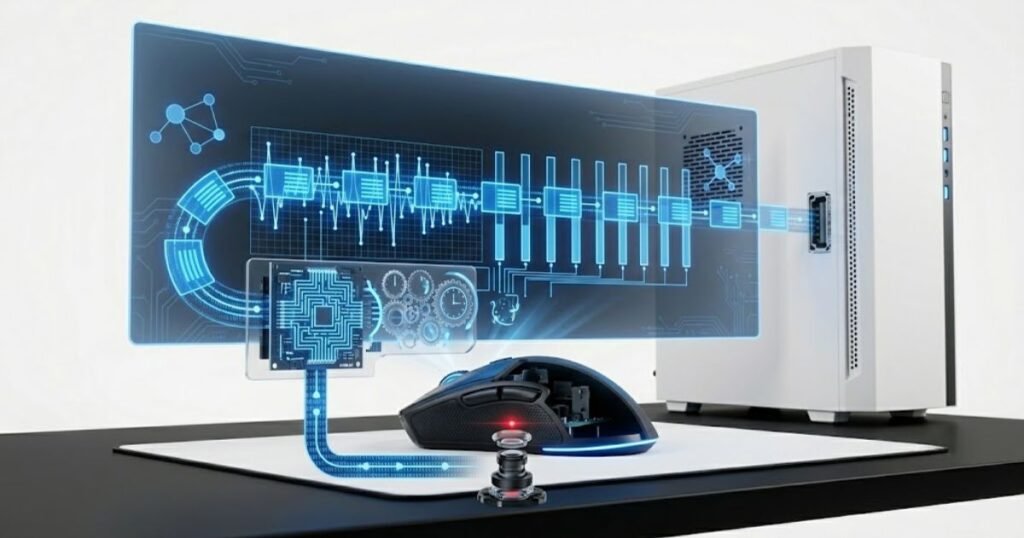 A gaming mouse sensor workflow showing movement detection, firmware processing, Motion Sync synchronization, and USB report transmission to a computer.