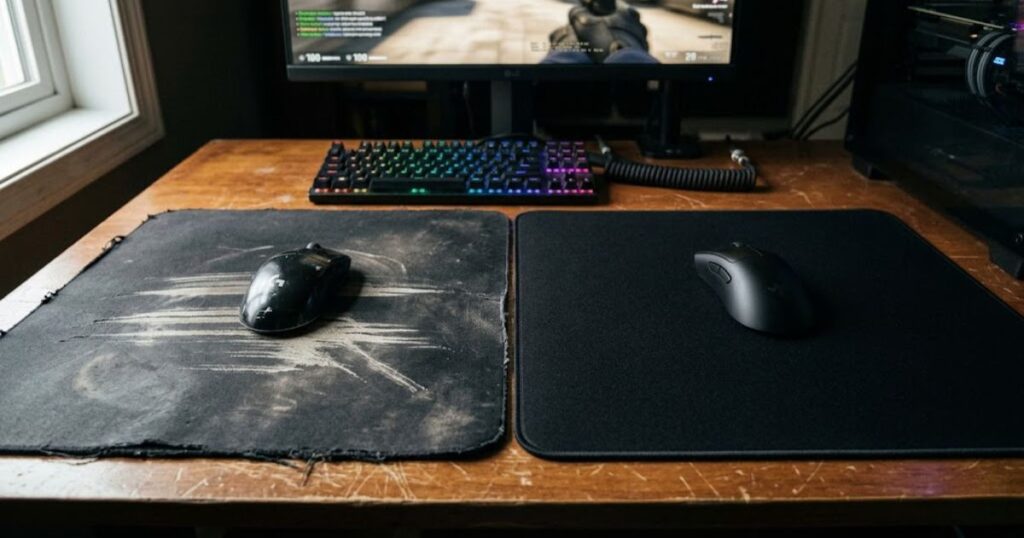 A worn gaming mouse pad next to a newer mouse pad showing visible surface wear